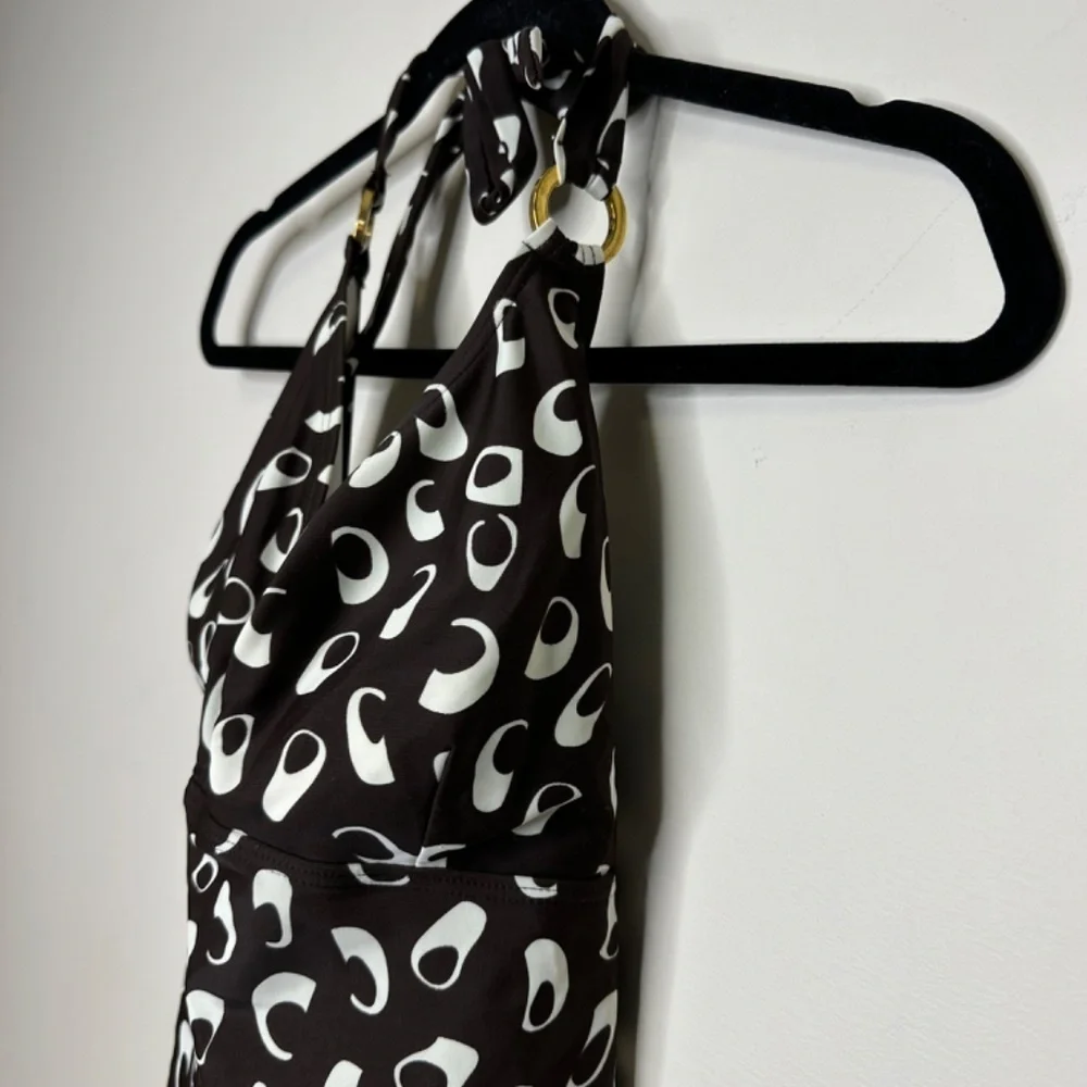 Vintage Y2K Silhouette Solutions Halter Tankini Top Brown & White Abstract Print